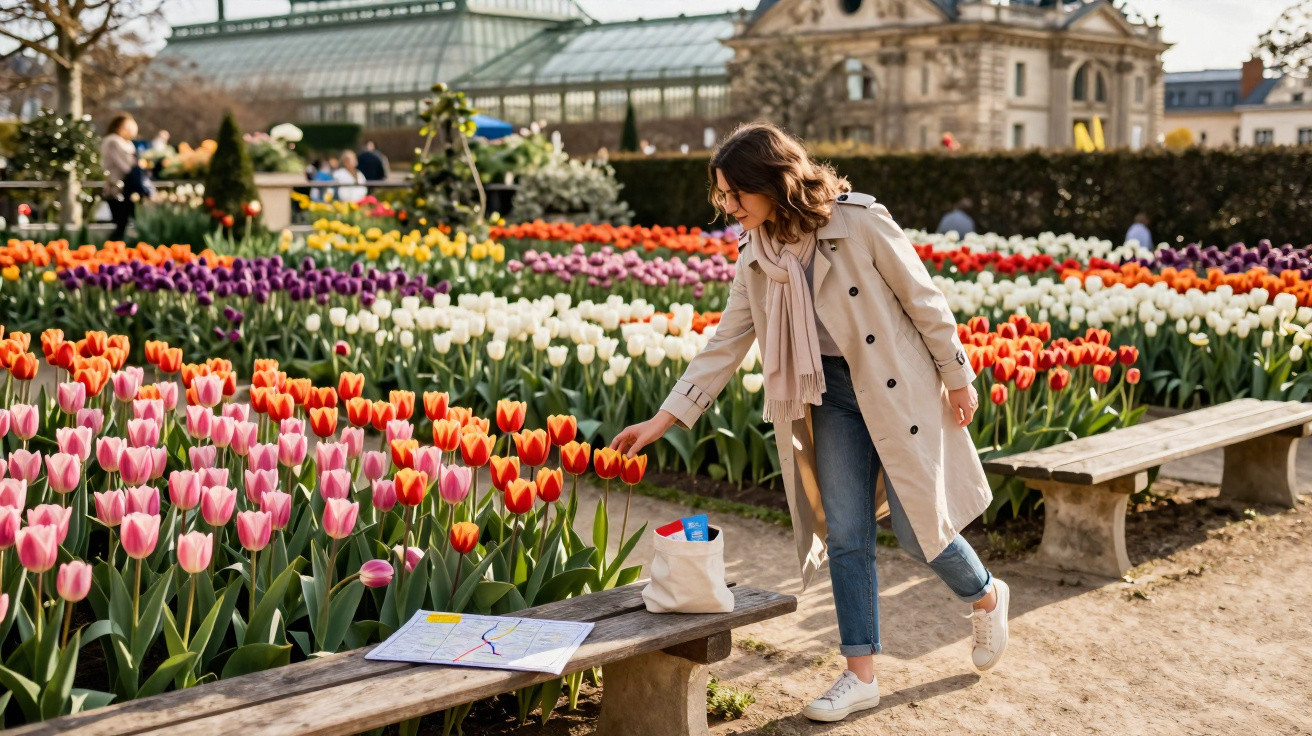 Mulher com casaco bege a admirar tulipas num jardim com muitas flores e bancos de madeira.