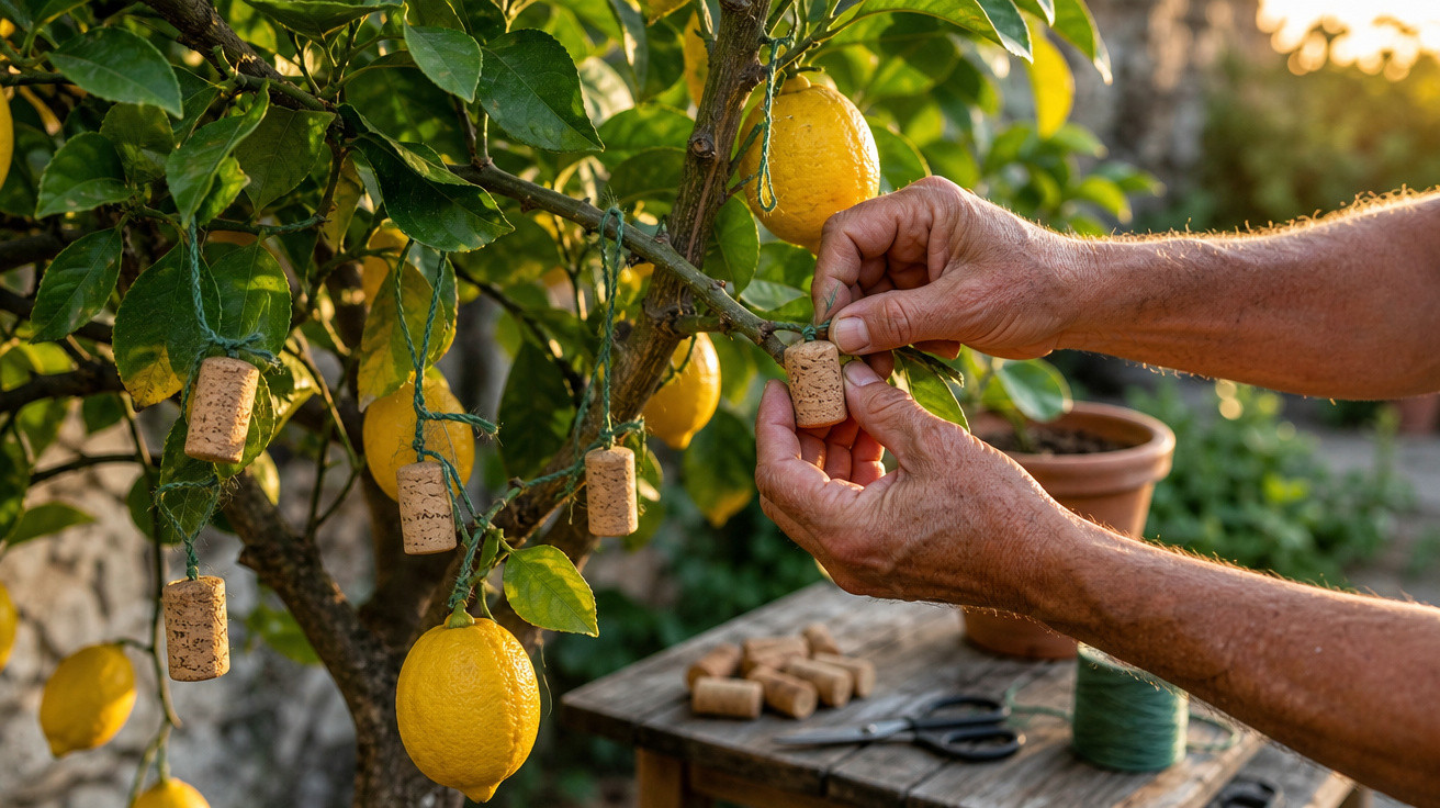 Detalhe de mãos a prender rolhas com cordão em galhos de limoeiro com frutos maduros ao sol poente.