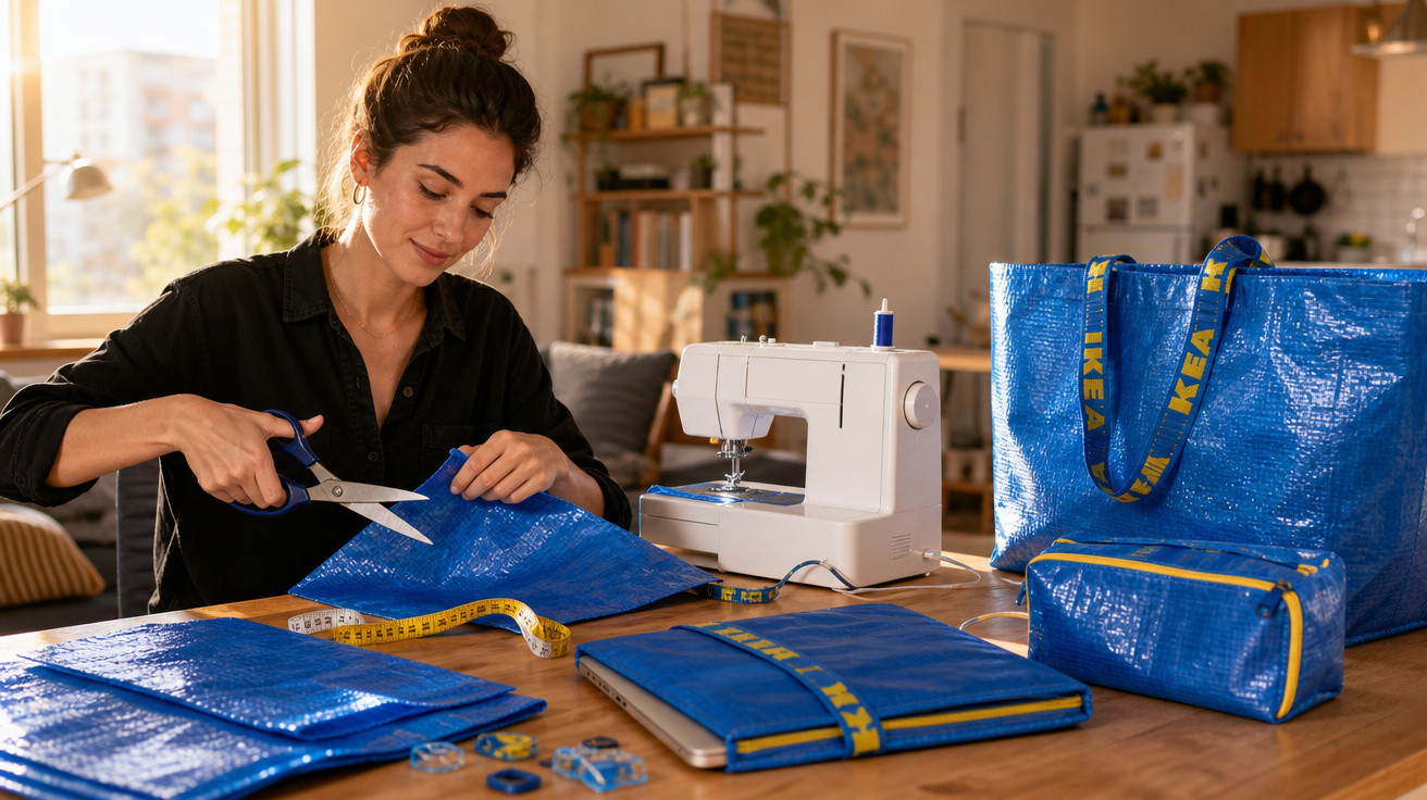 Mulher a cortar tecido azul IKEA com tesoura, máquina de costura ao lado e vários objetos azuis na mesa.