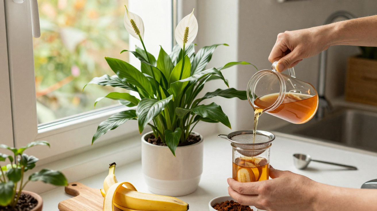Pessoa a preparar chá com infusor num copo de vidro junto a uma planta e banana numa cozinha iluminada.