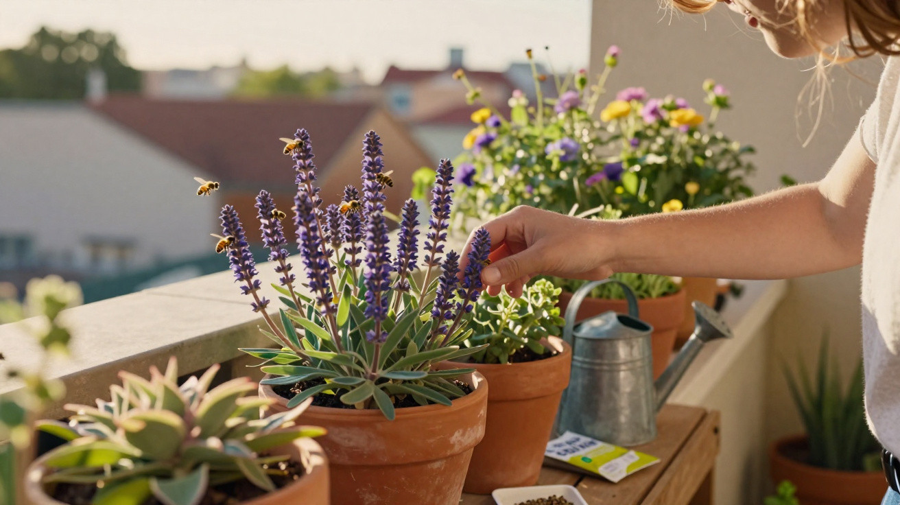 Pessoa a cuidar de plantas com flores roxas em vasos de barro num espaçoso terraço ensolarado.