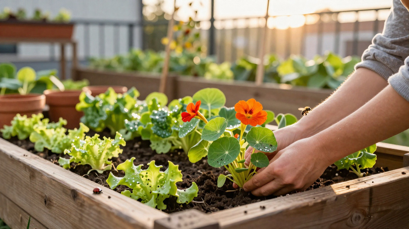 Pessoa a cuidar de plantas num canteiro elevado com flores laranja e alfaces verdes ao nascer do sol.