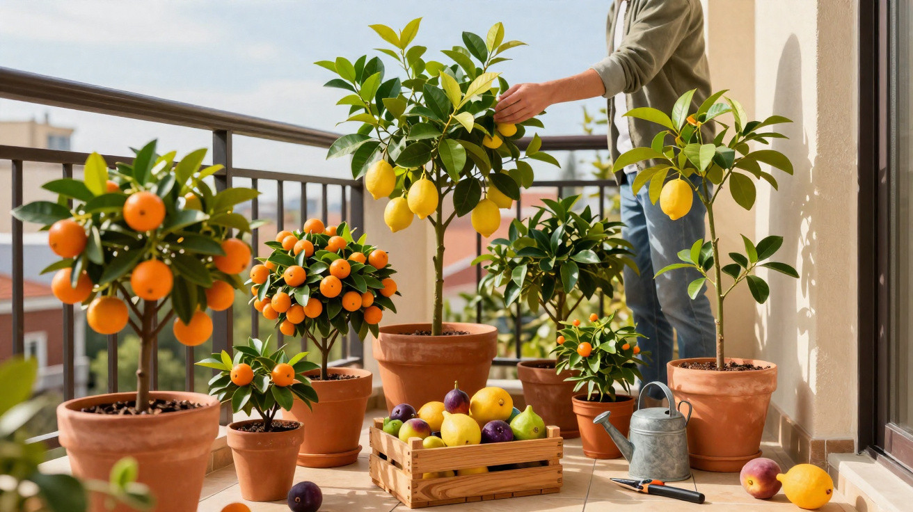 Pessoas a cuidar de árvores cítricas em vasos num terraço com frutas e regador ao chão.